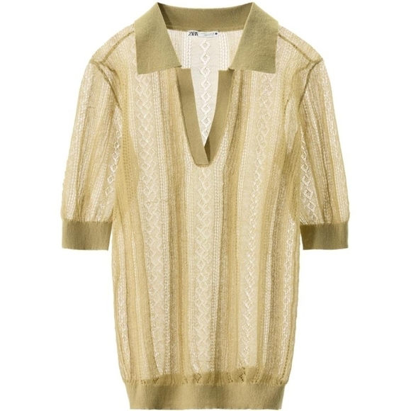 Zara Tops - NWT Zara Openwork Sheer Knit Polo Sweater in Light Olive - M